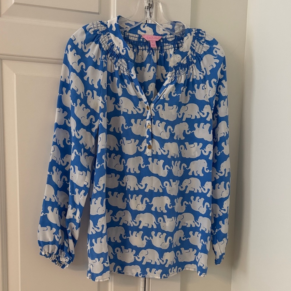 Lilly Pulitzer Blue and White Elephant Print Blouse